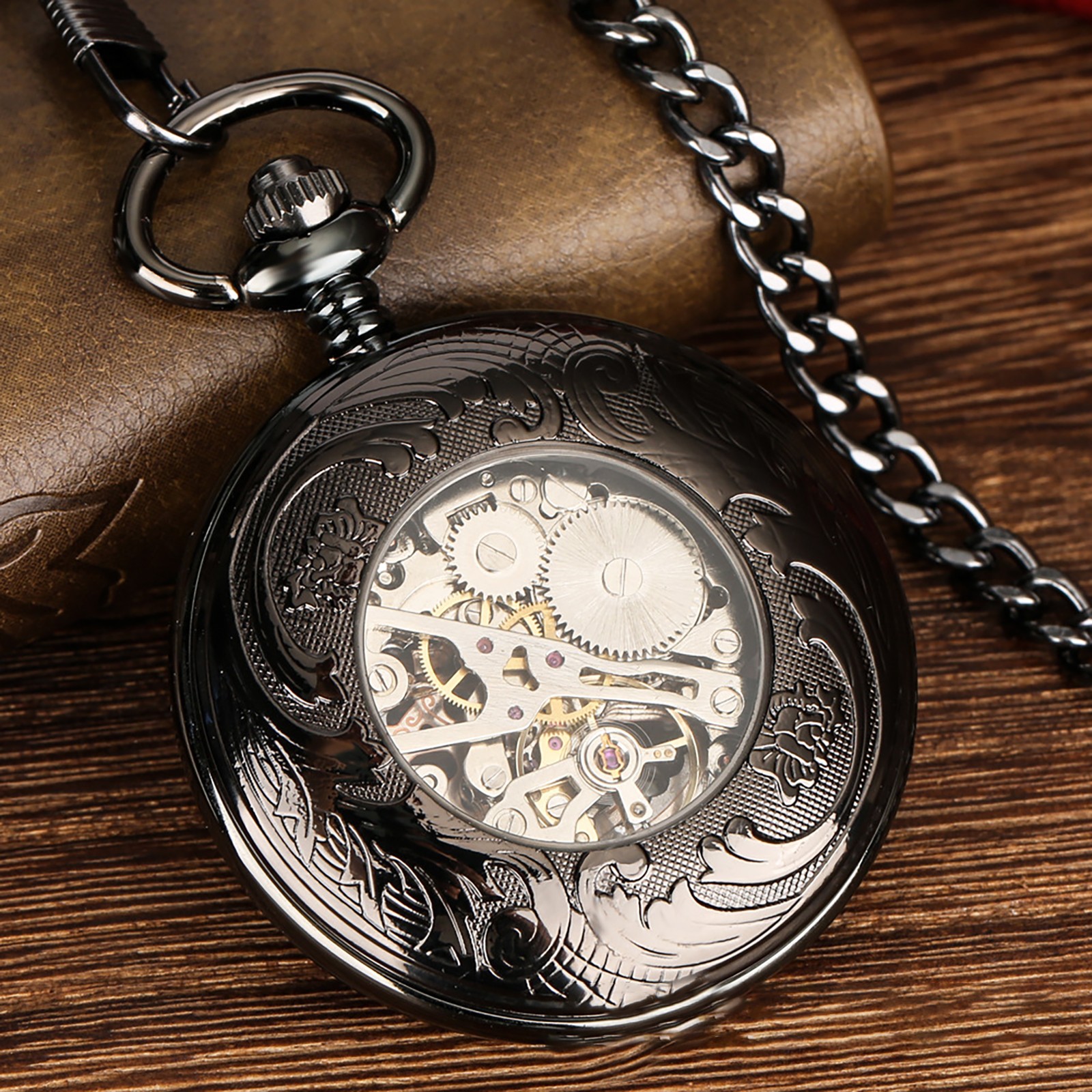 1 PC Mens Skeleton Mechanical Pocket Watch Hollow half Hunter Pocket Watch