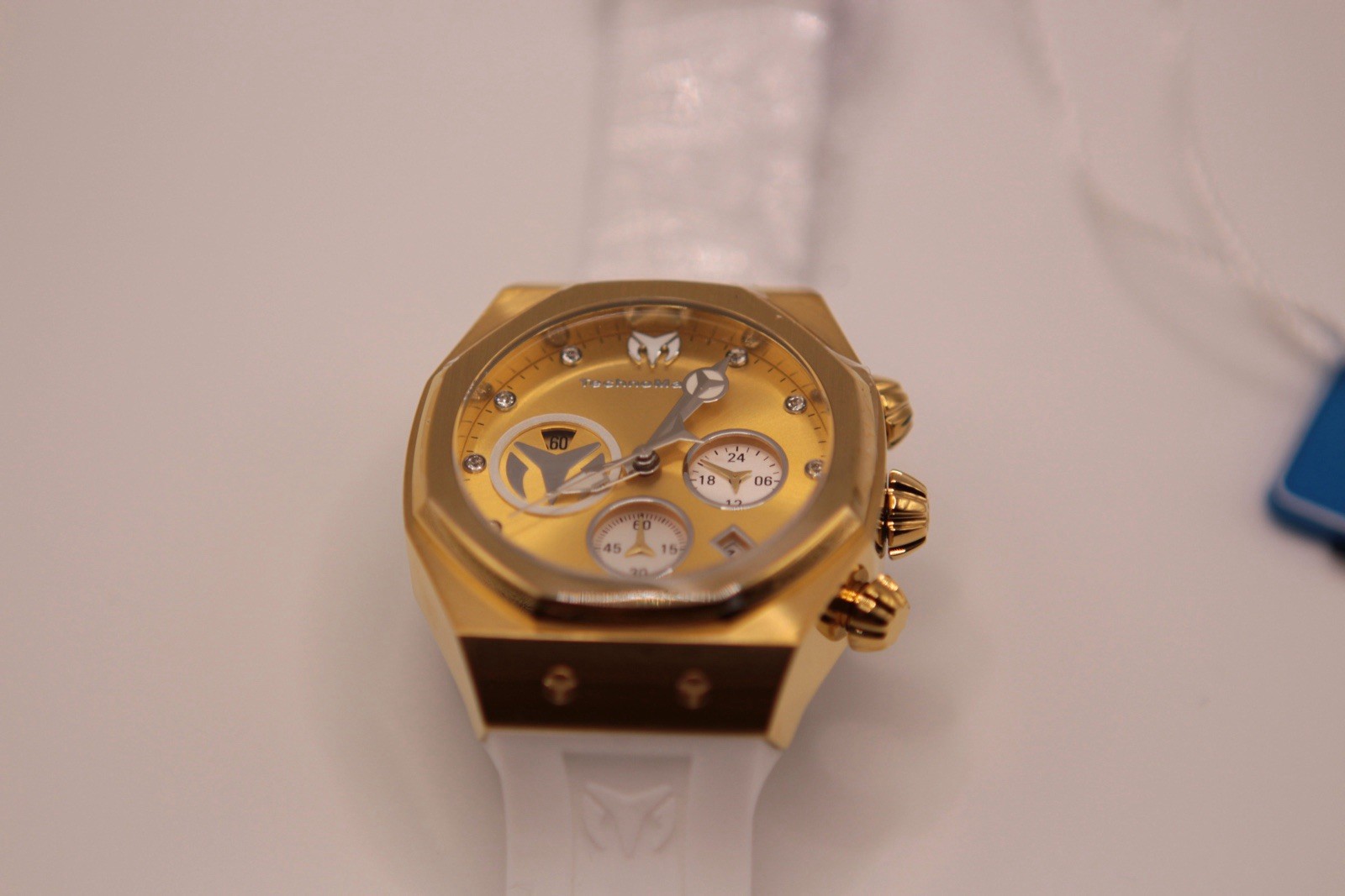 TechnoMarine Men Chronograph Gold Diamond Analog Wristwatch White Rubber Strap