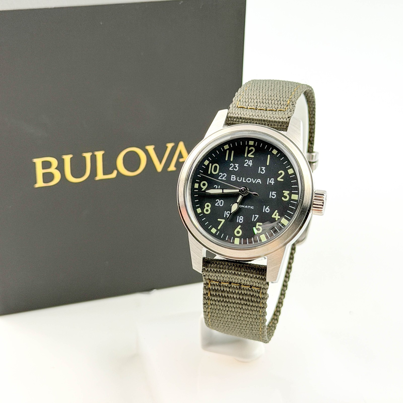 Bulova Special Edition 96A259 Hack Black Dial Green Fabric Strap Men’s Watch