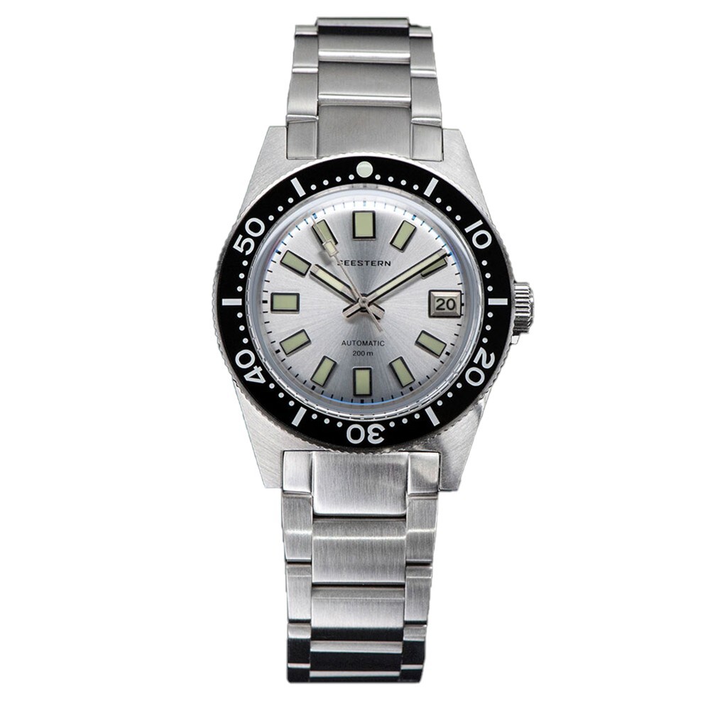 Seestern 62mas Automatic Steel Silver Black Date Sapphire Diver Men’s Watch