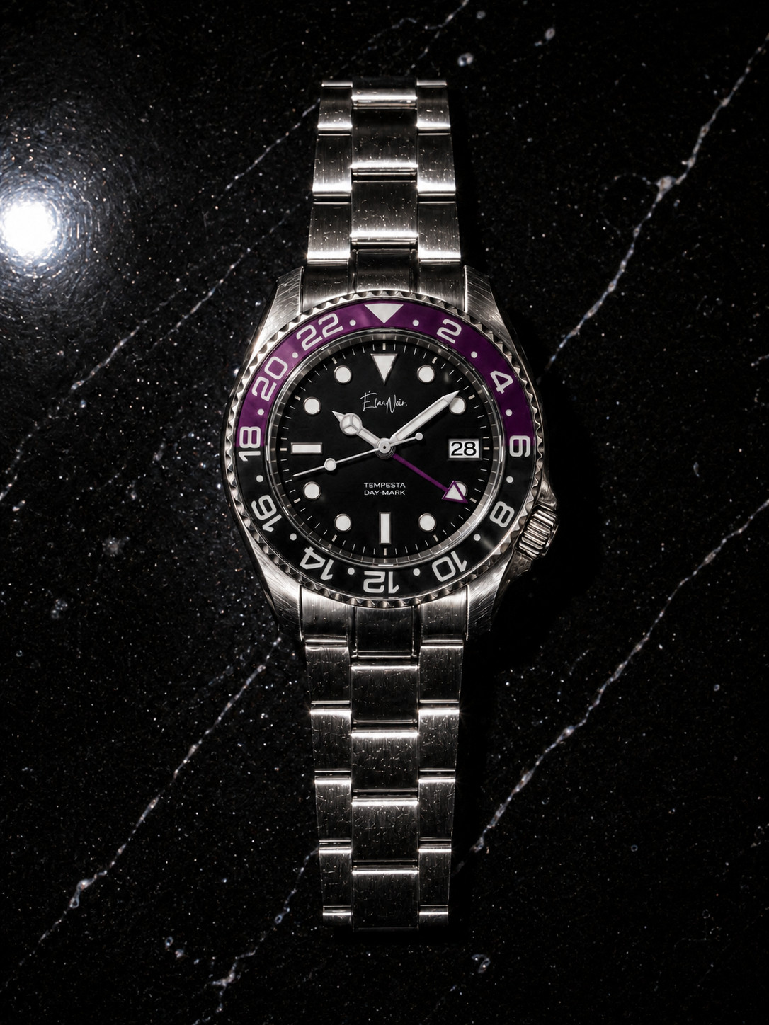 Custom Élan Noir Tempesta GMT Watch 41mm Steel Silver/Black/Purple NH35 Auto