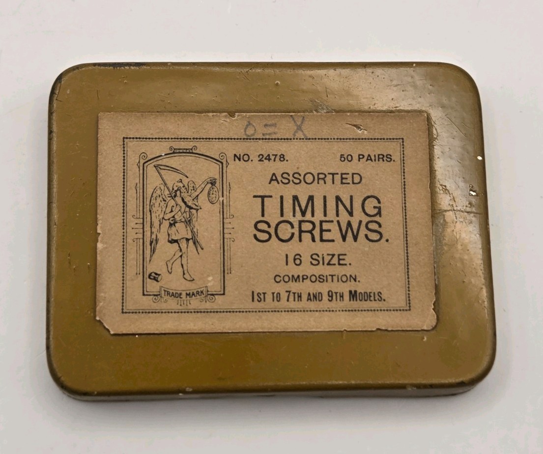 Vintage Elgin Timing Screw Assortment Tin, Father Time Logo, No 2478, 16 Size