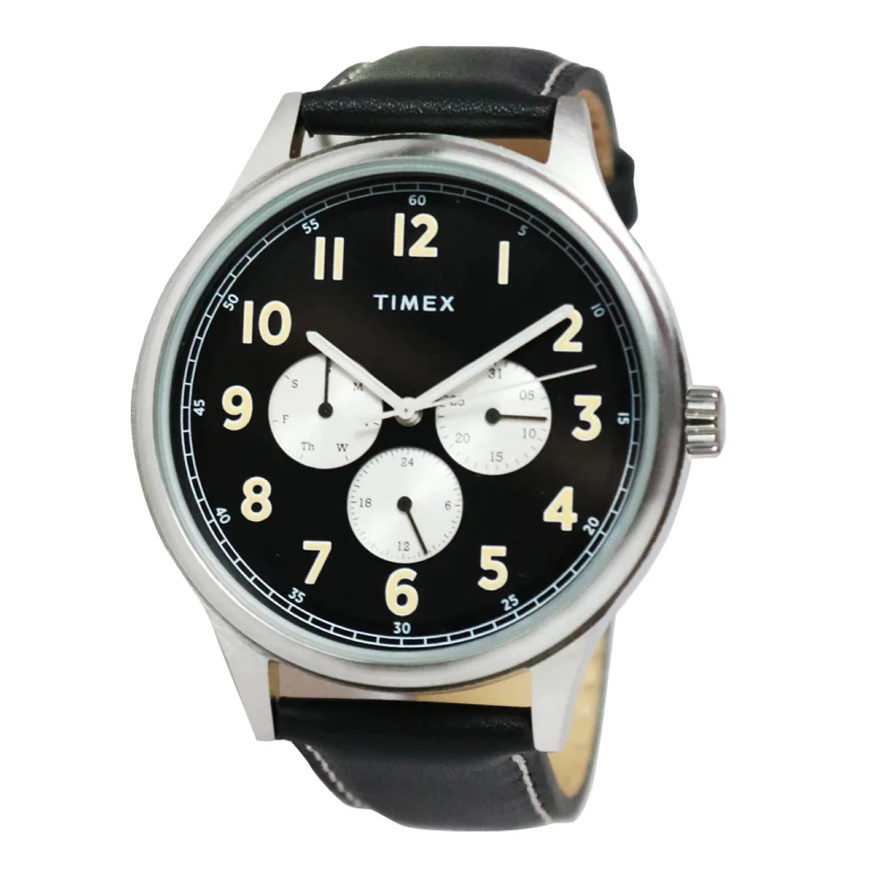Timex Discoverer Men’s Black Leather Analog Quartz Watch 43mm – Stainless Steel,