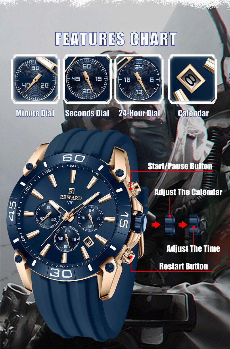 REWARD Men’s Multifunction Chronograph Calendar Luminous Waterproof Quartz Watch