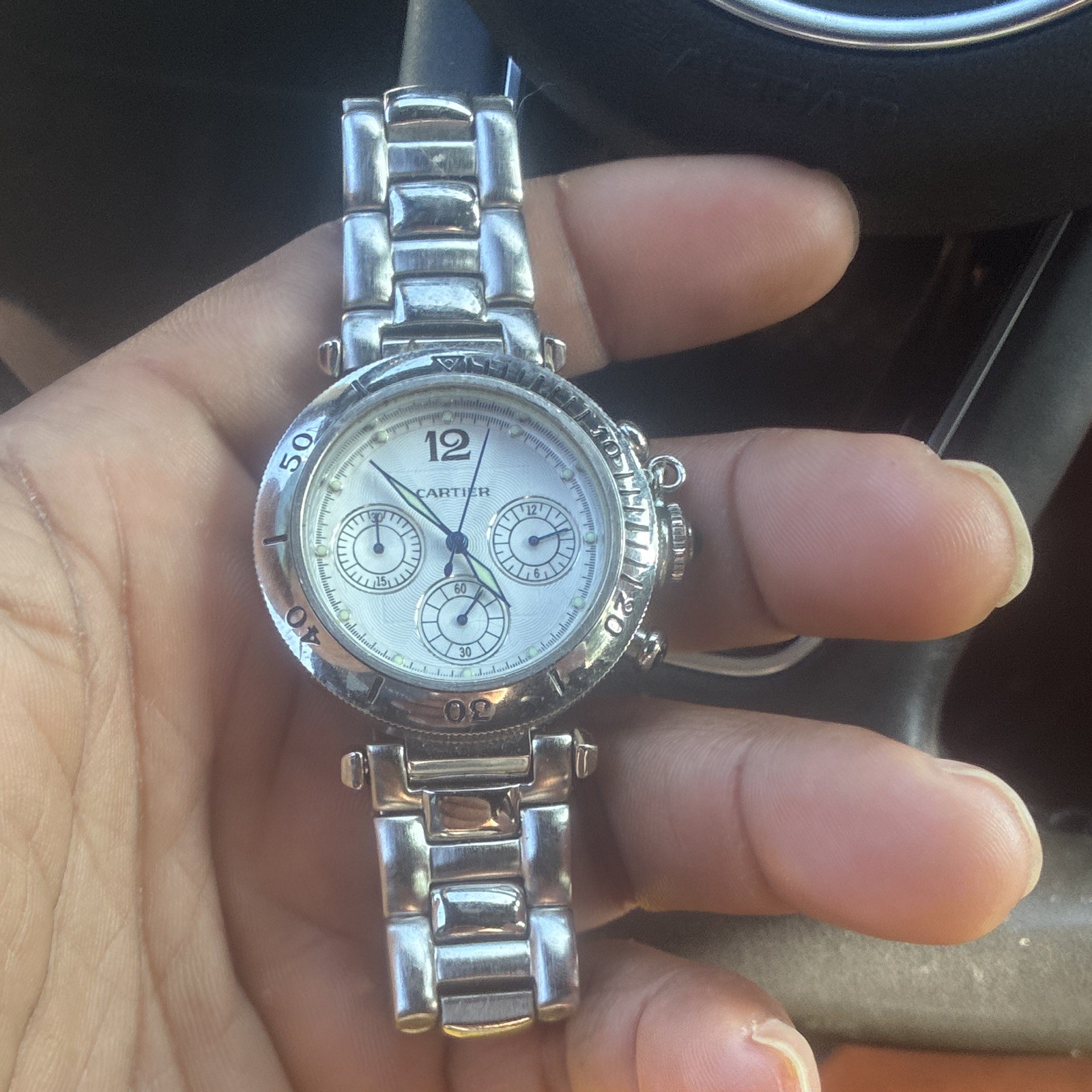 Cartier Pasha Quartz Analog Chronograph 38mm White Dial Silver Bracelet