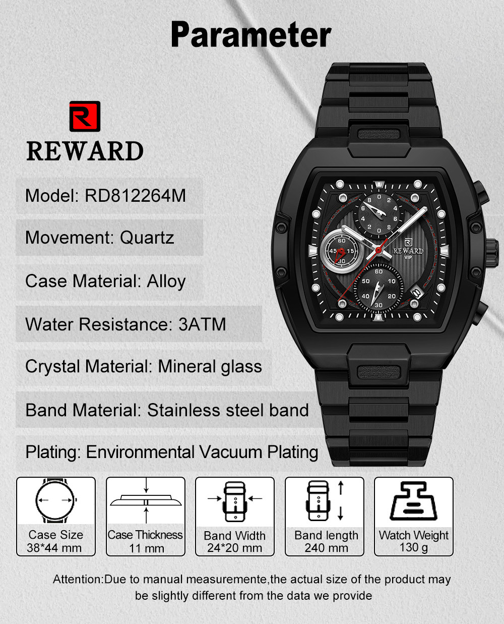 REWARD Men’s Tonneau Multifunction Chronograph Calendar Luminous Quartz Watch
