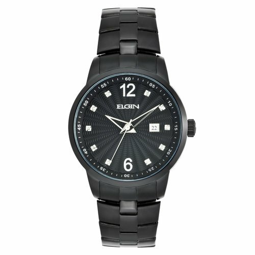 Elgin FG7084 Men’s BLACK Stainless Steel Watch w/Stone Accents