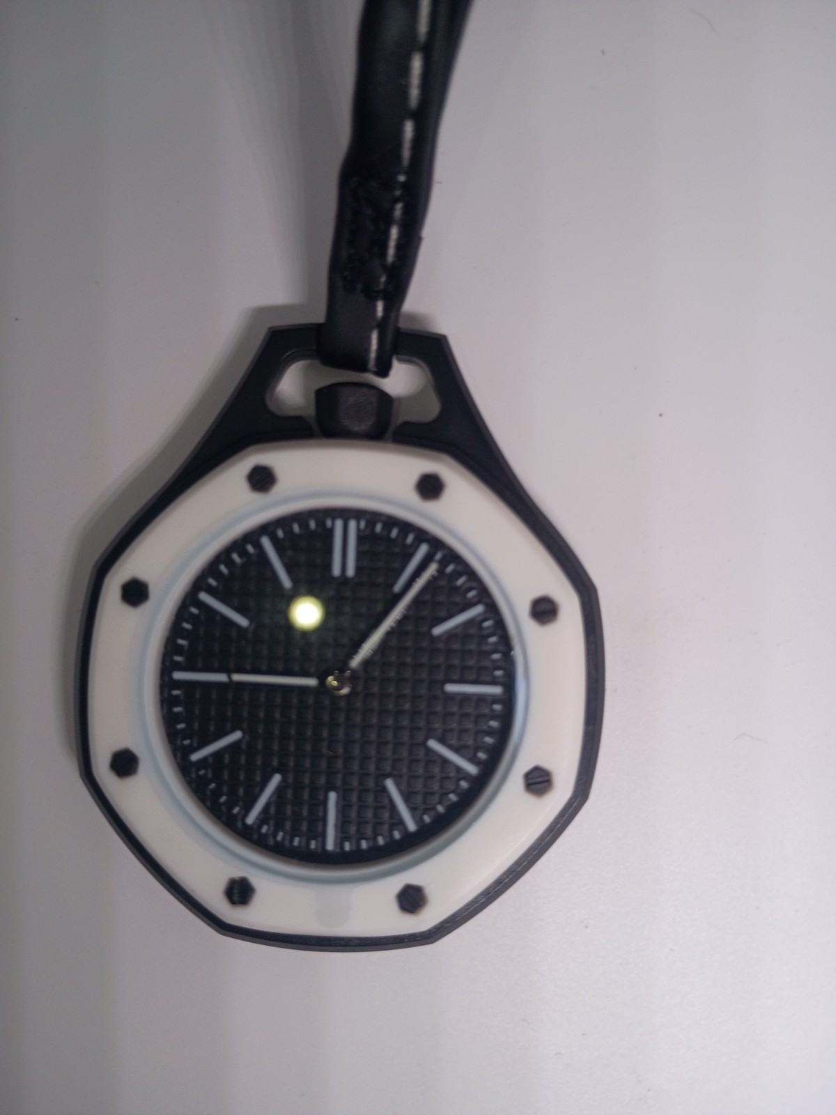 Octagon Analog Wristwatch Black Dial Stick Indexes White Bezel Black Leather