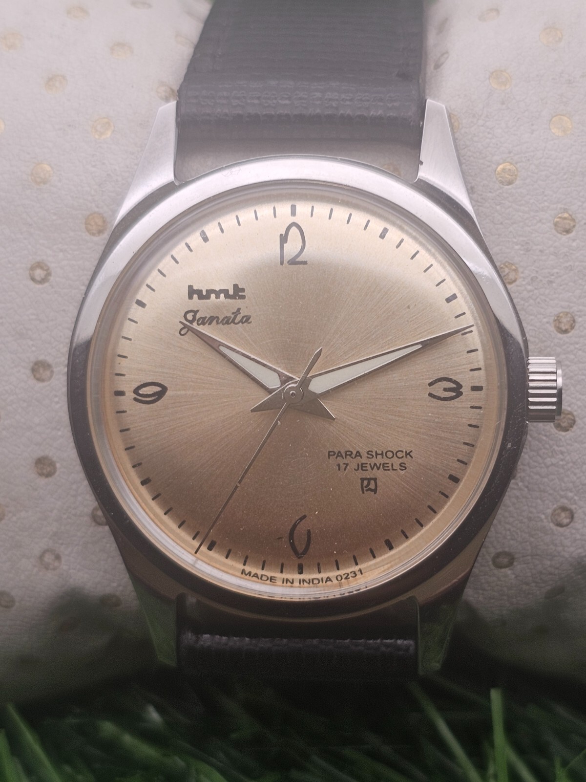 Beautiful Men’s HMT Janta Parashock Mechanical Wind 17J Watch Golden Dial