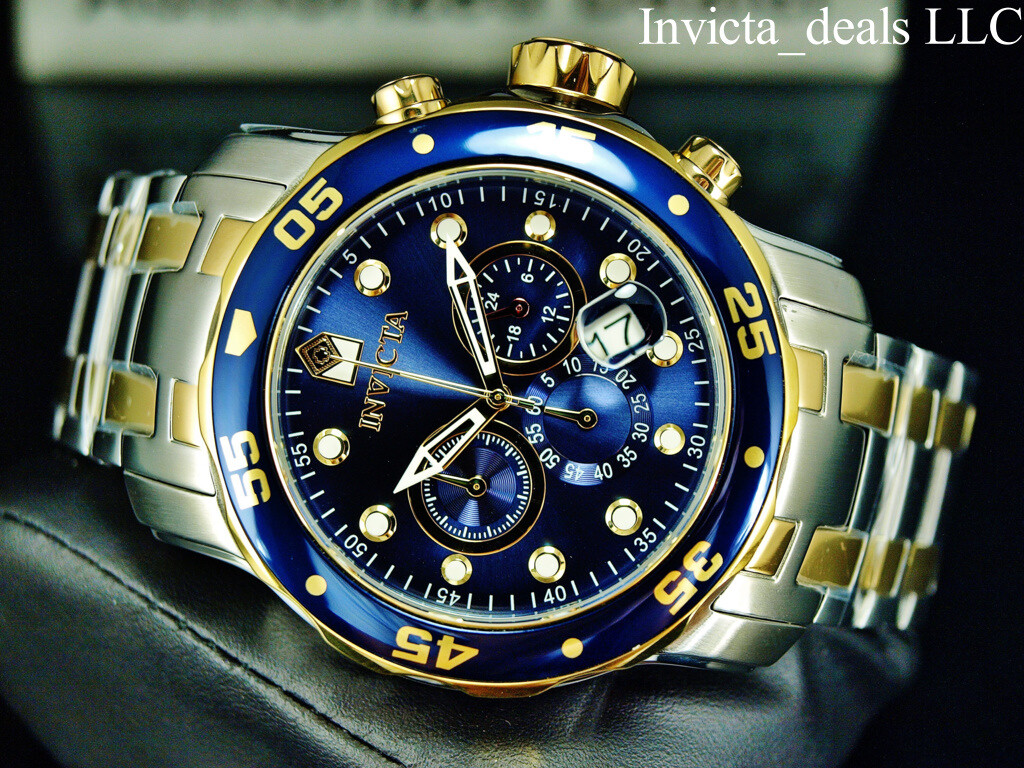 Invicta Men’s 48mm Pro Diver SCUBA Chronograph BLUE DIAL Gold Two Tone SS Watch