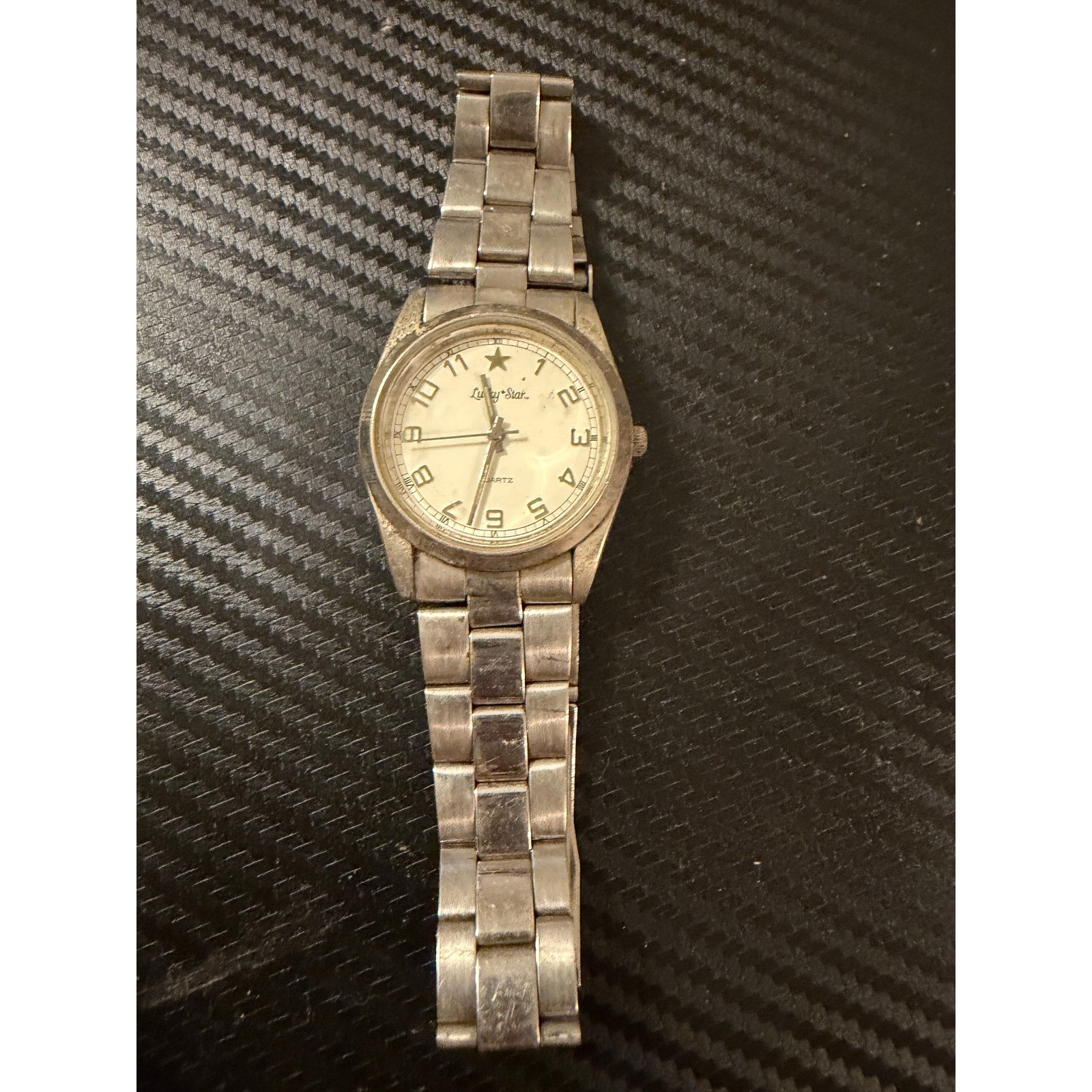 Lucky Star Quartz Watch Silver Tone Stainless Steel Link Bracelet White Dial