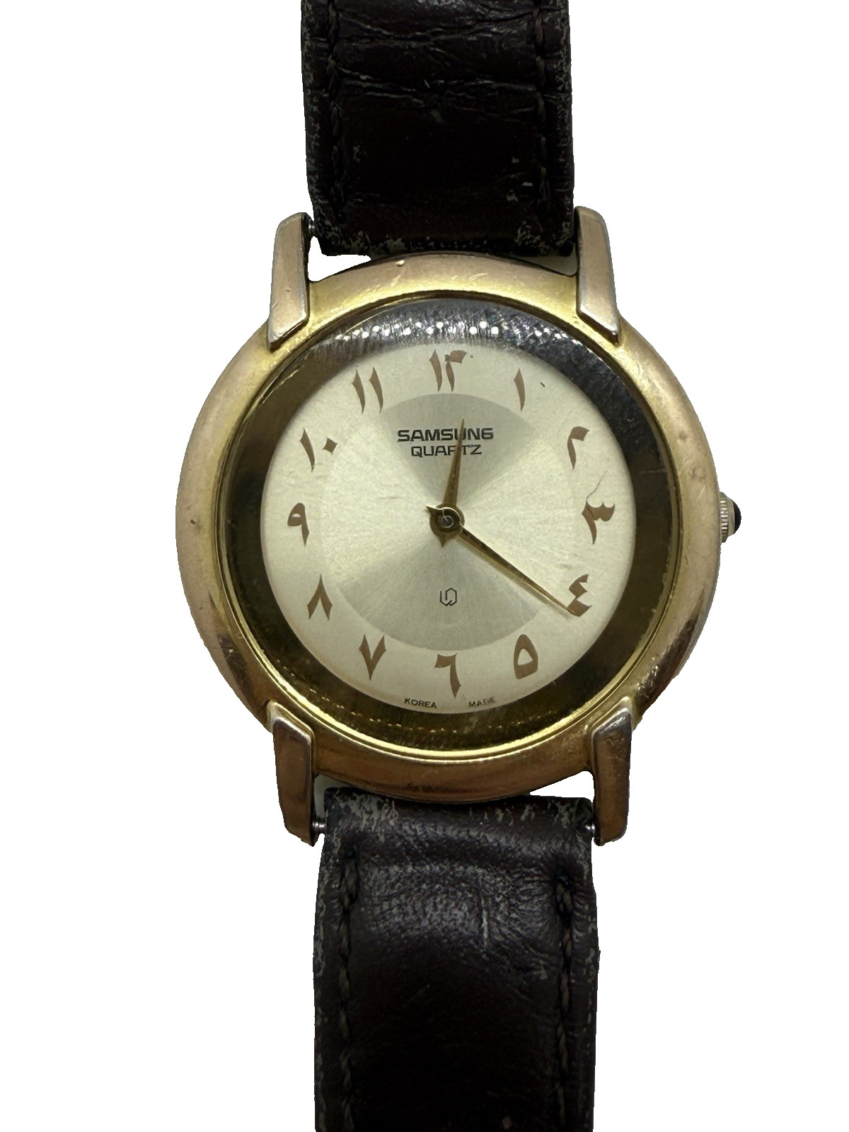 Vtg Samsung Quartz Watch Women’s Gold Tone Analog Brown Leather Band EA-059A