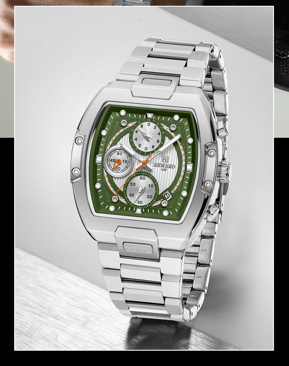 REWARD Men’s Tonneau Multifunction Chronograph Calendar Luminous Quartz Watch