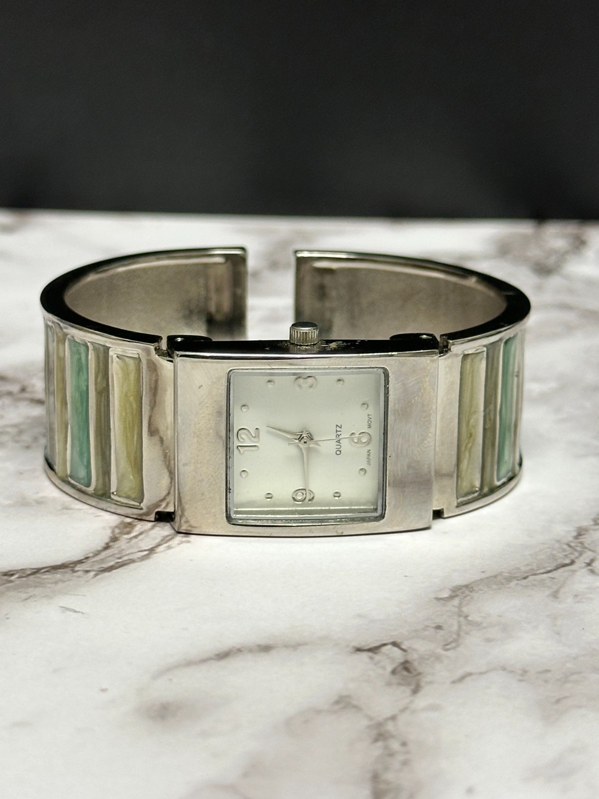 Womens Watch Silver Tone Green Enamel Striped Cuff Band New Battery 6.75 Inch