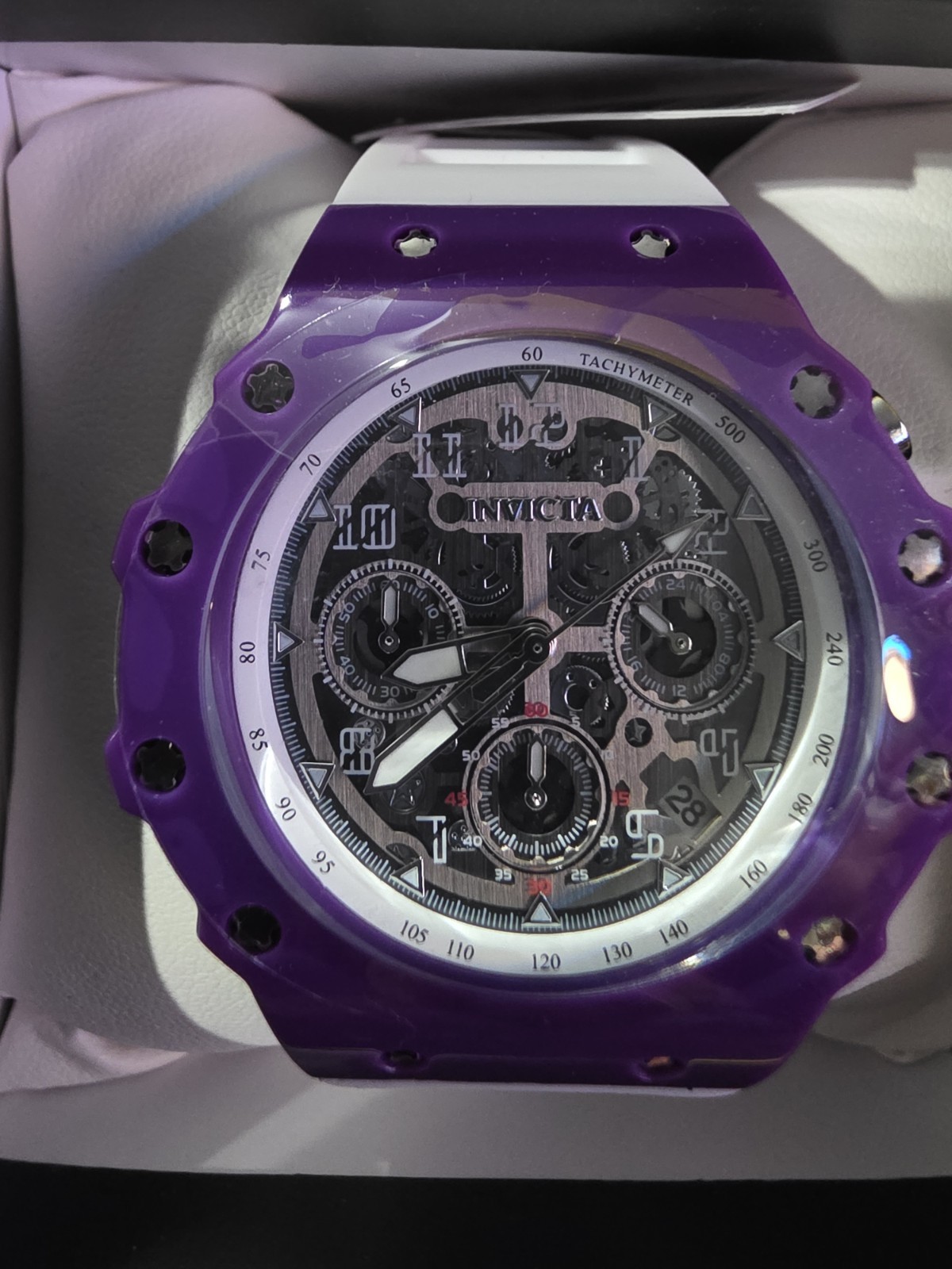 Invicta Sport Chronograph Skeleton Dial Purple Case White Silicone Strap (54)