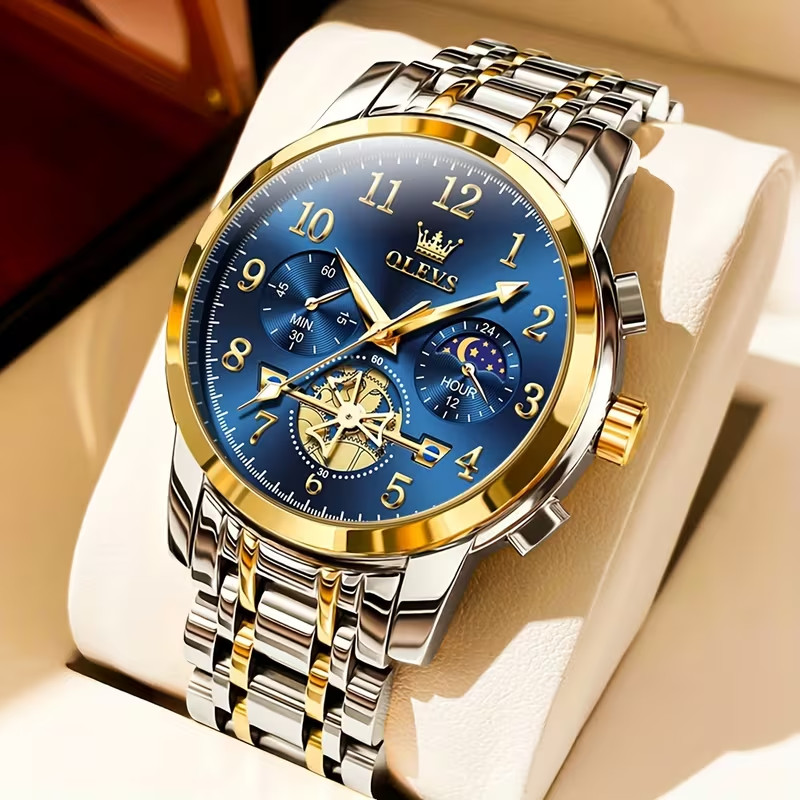 OLEVS 2900 Mens Luxury Watch Two Tone Stainless Steel Blue Moon Phase Dress Chro