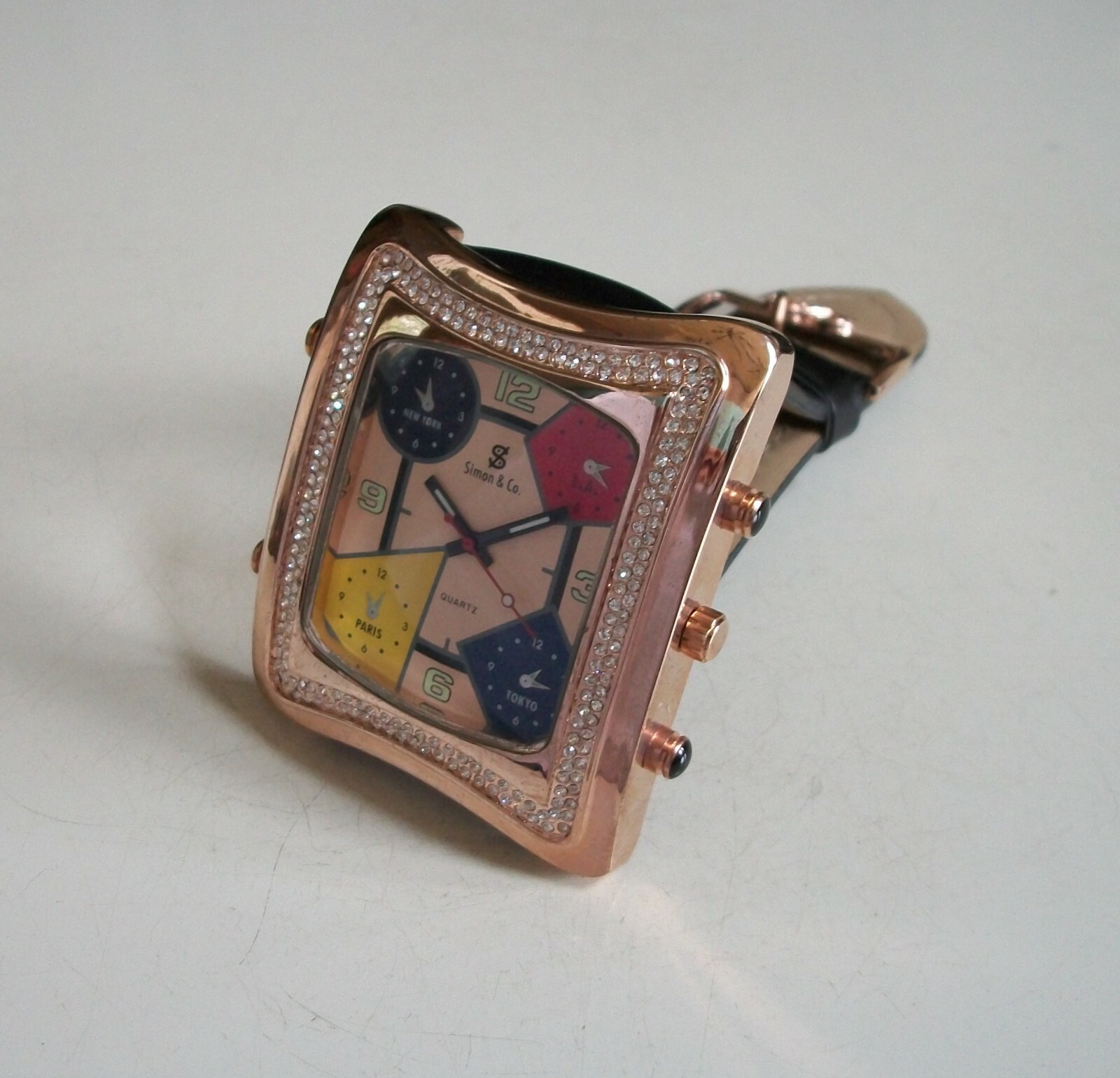 Men’s Stone Rose Gold Multicolor Black Leather Band Fashion Hip Hop Watch