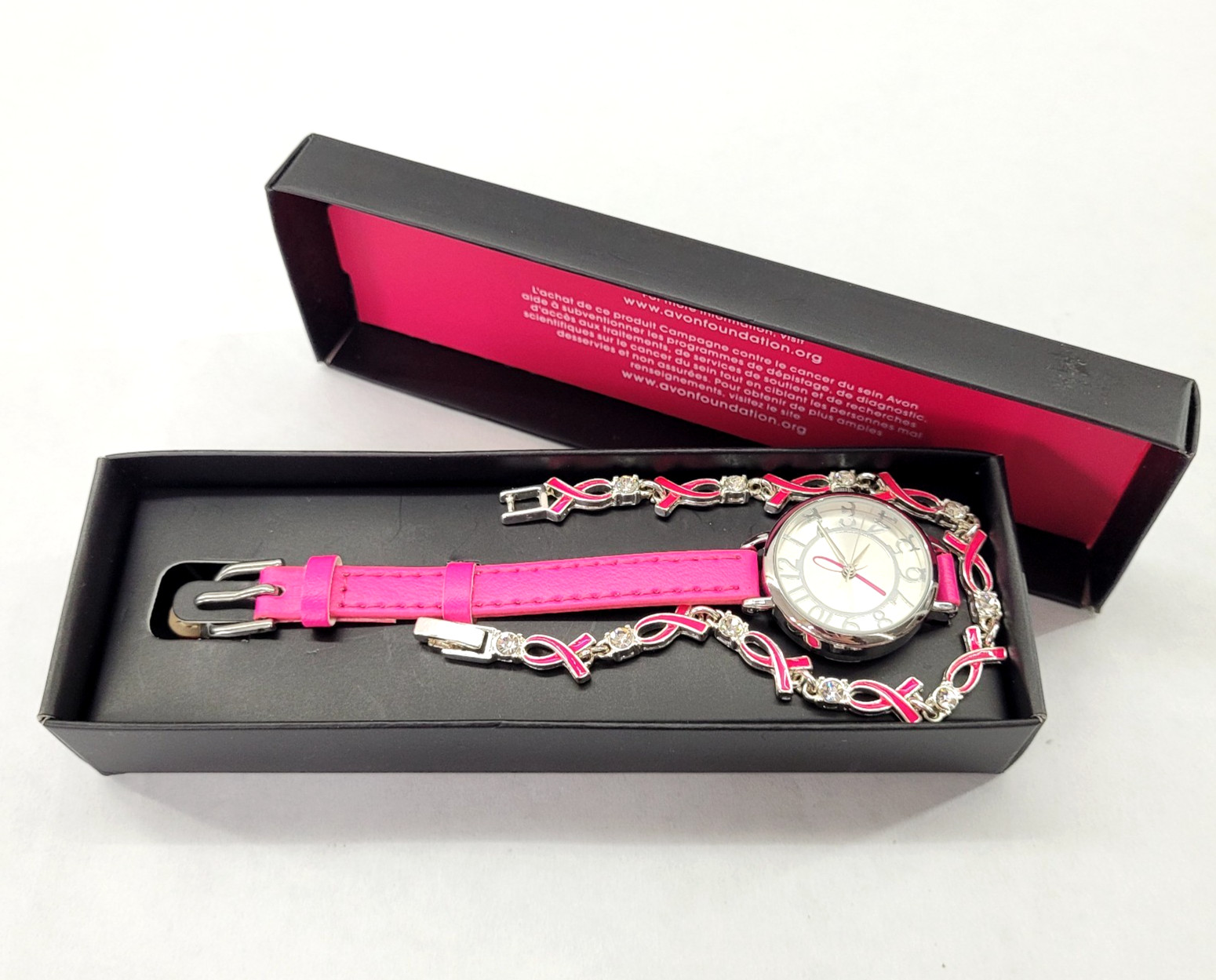 Avon Breast Cancer Watch Hot Pink & Ribbon Bracelet New in Box – needs battery