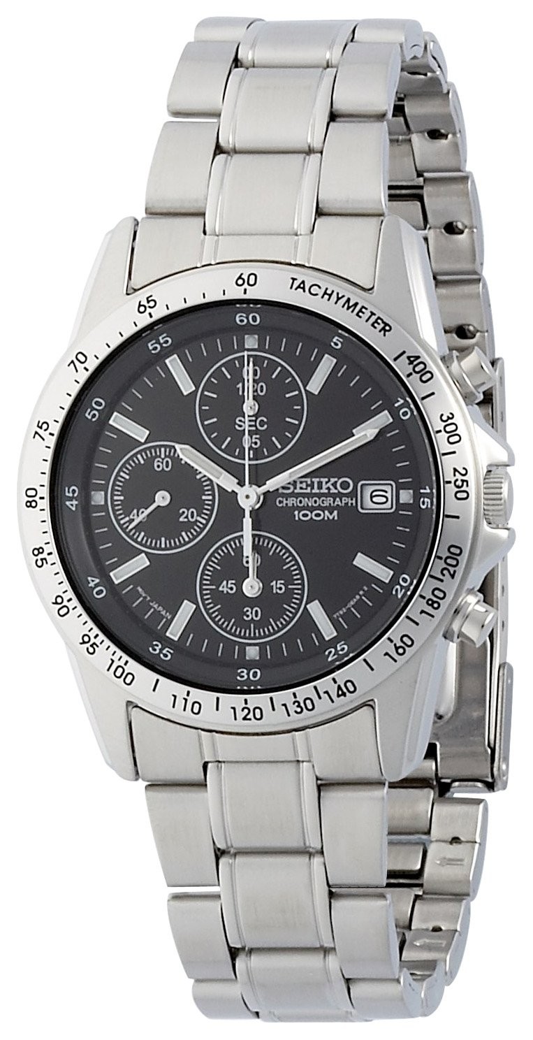 SEIKO SND367PC Chronograph Black Dial Quartz Watch 10BAR 20cm Stainless Steel