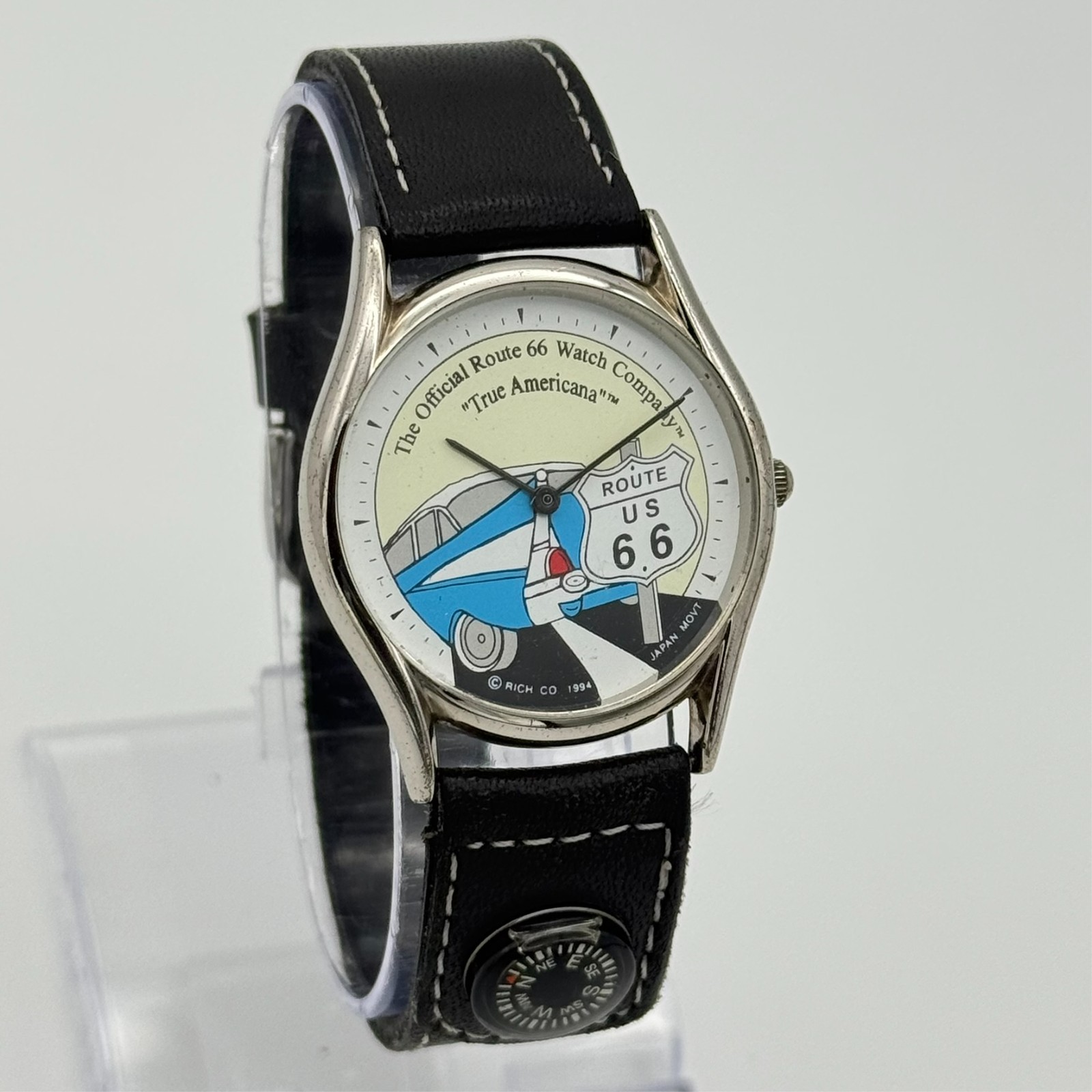 Vintage 1994 Unisex US ROUTE 66 True Americana Silver Tone 33.5mm Watch, Leather