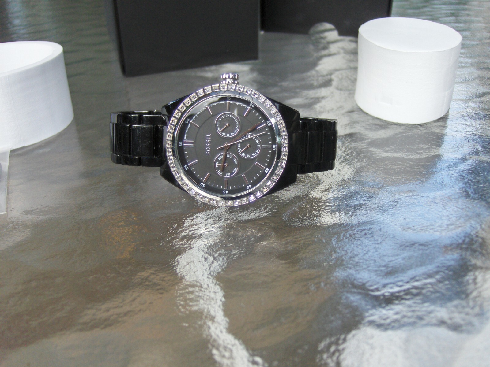 FOSSIL BQ1192 CARISSA BLACK PLASTIC RESIN BRACELET SWAROVSKI CRYSTAL BAGUETTES