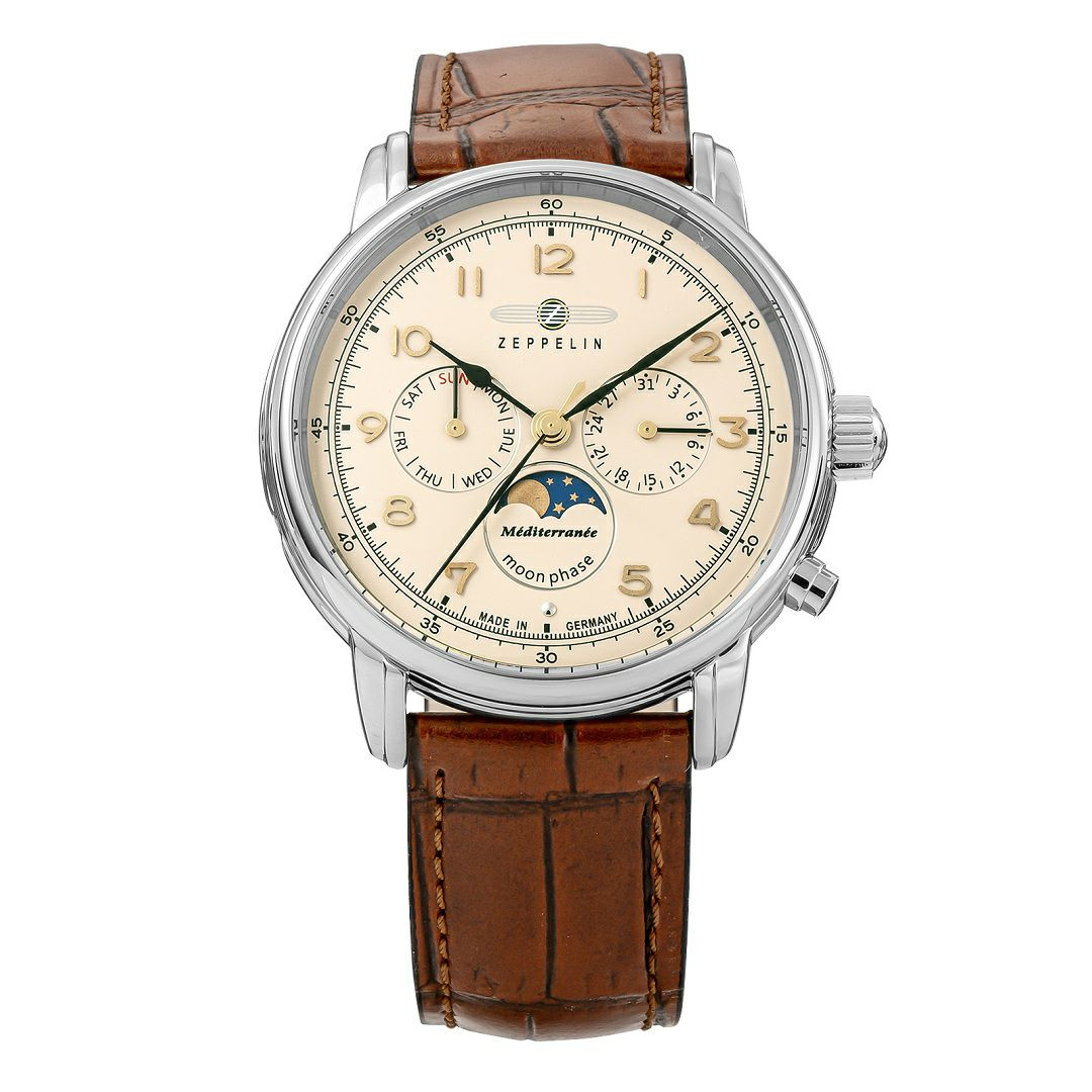 Zeppelin Moonphase Men’s Watch Beige Dial 9636-5 Leather Band Day Date