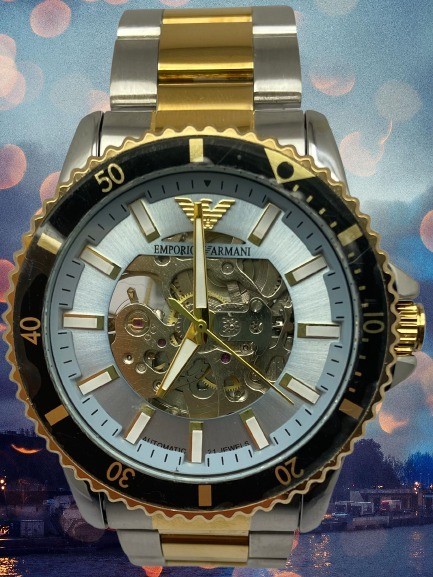 Luxury Emporio Armani Skeleton Dial Automatic Working Refurbished Two-Tone Watch