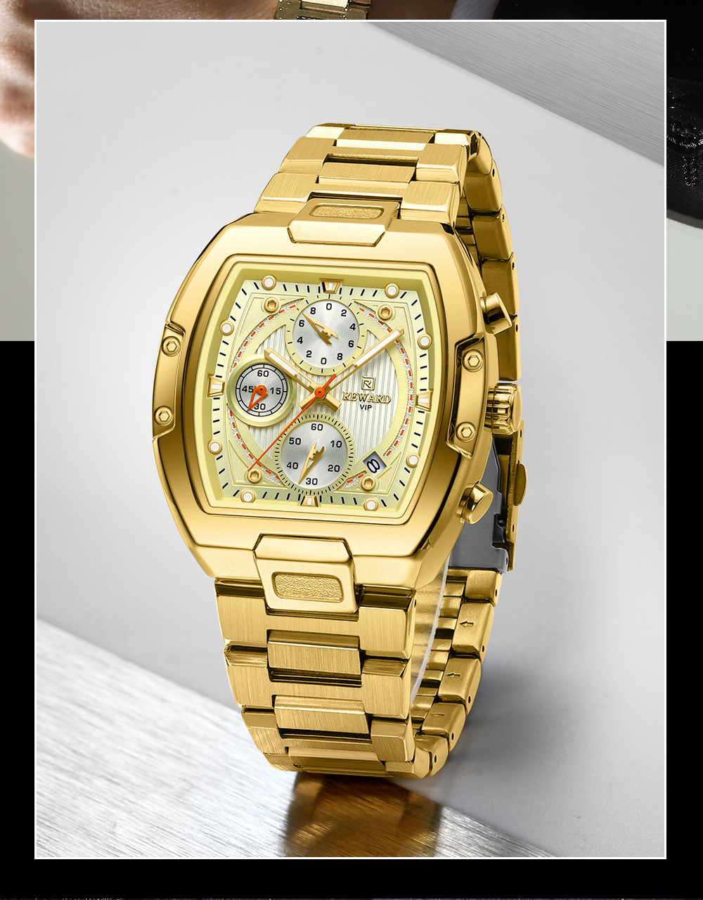 REWARD Men’s Tonneau Multifunction Chronograph Calendar Luminous Quartz Watch