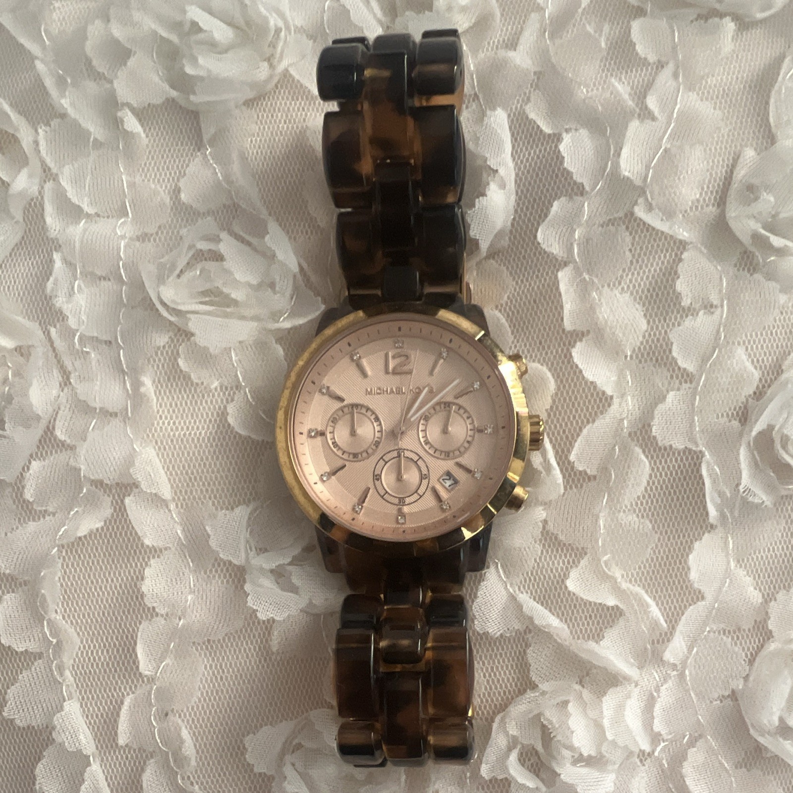 Michael Kors Women’s Quartz Chronograph Date Pink Dial Brown Plastic Bracelet