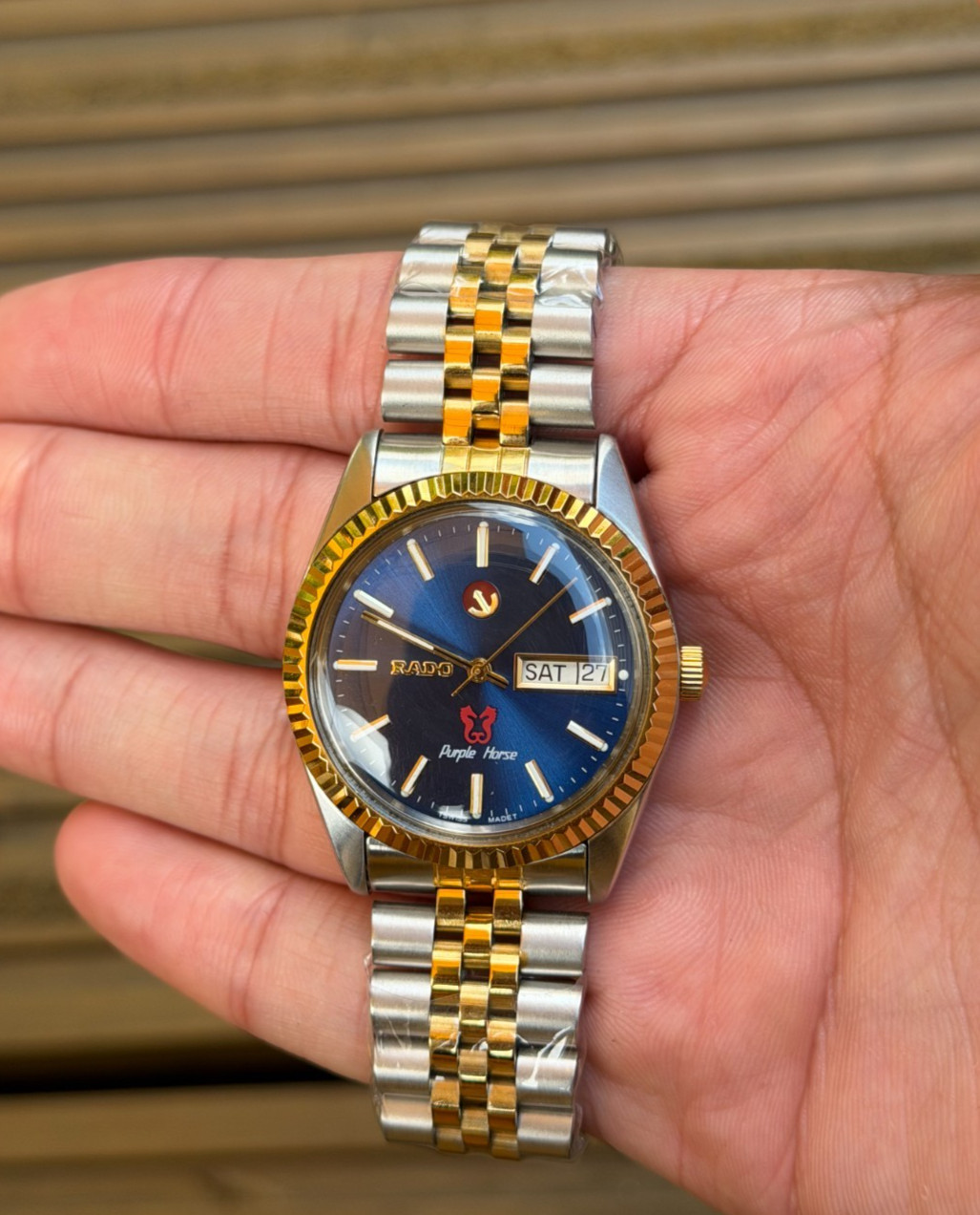 Rado Purple Horse Automatic Day-Date Blue Dial Two Tone Swiss Watch