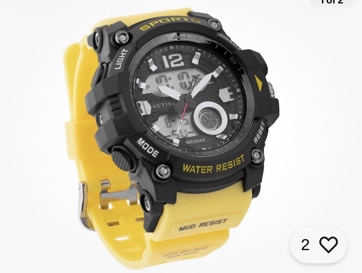 Activa Sport Quartz Analog/Digital LCD Watch Black Case Yellow Rubber Strap 50m