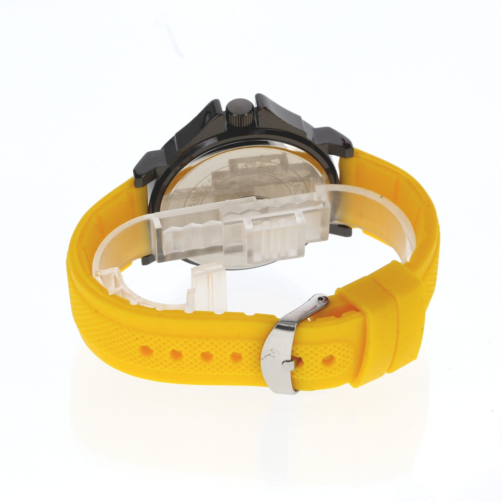 Geneva Black Finish Chronograph Style Quartz Watch Yellow Silicone Band Modern