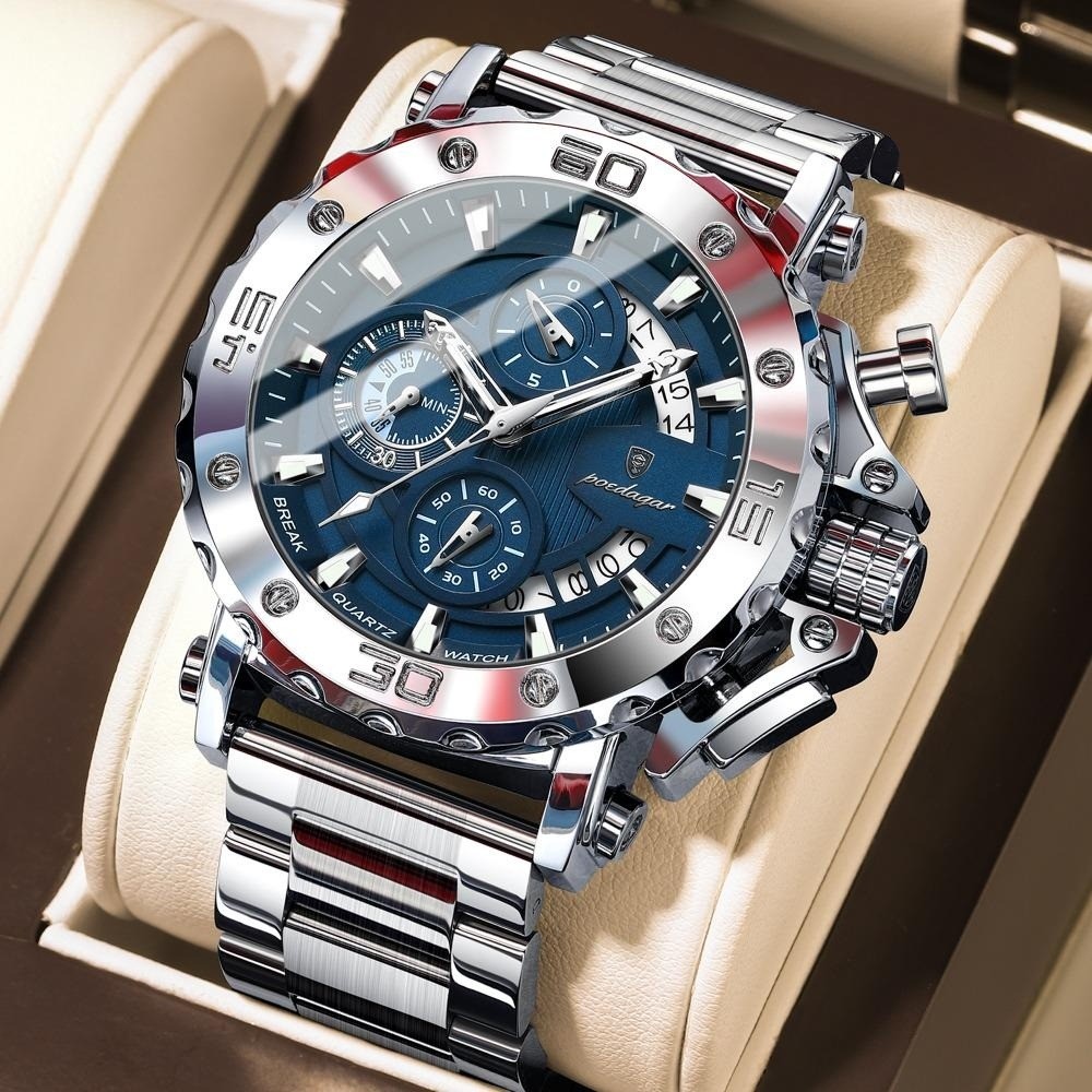POEDAGAR Men Calendar Luminous Waterproof Stainless Steel Fashion Quartz Watch