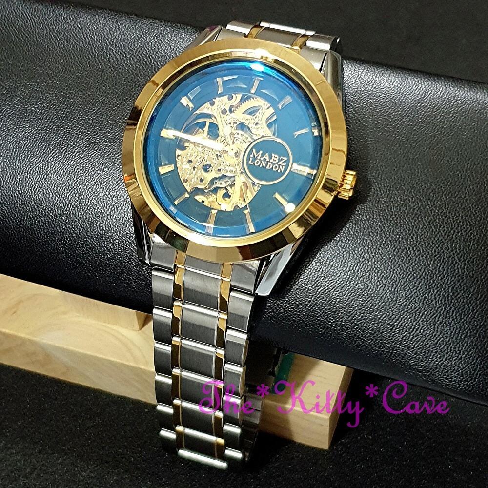Automatic Mechanical Sapphire Blue Beveled Mineral Steampunk Skeleton Watch