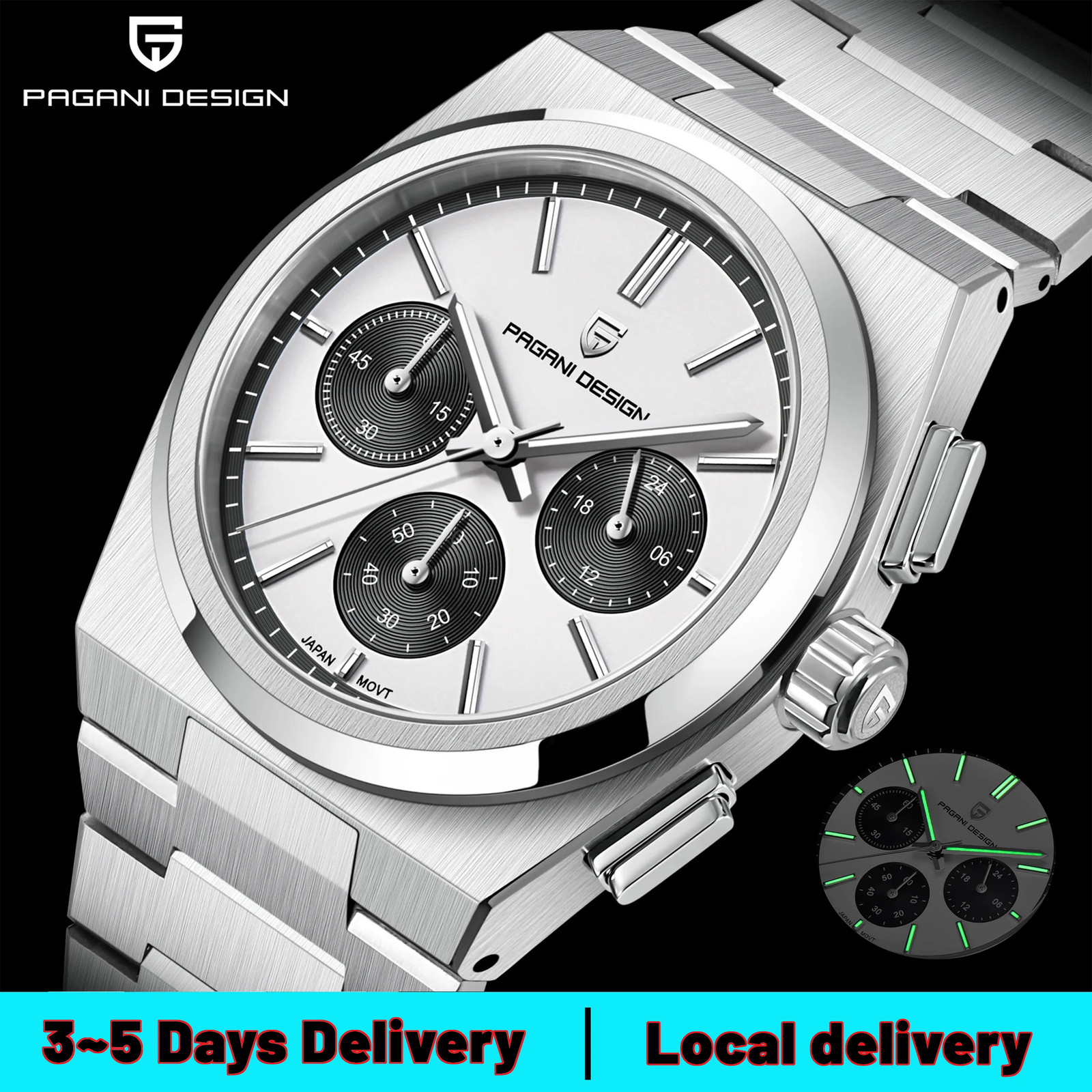PAGANI DESIGN Silver White Mens Watch Quartz Stainless Steel Luxury Watch