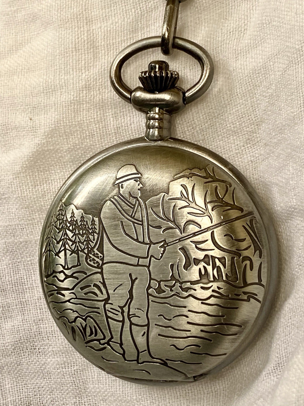 Pocket Watch With 18” Fob & Fisherman Motif And Decorative Back By Remington