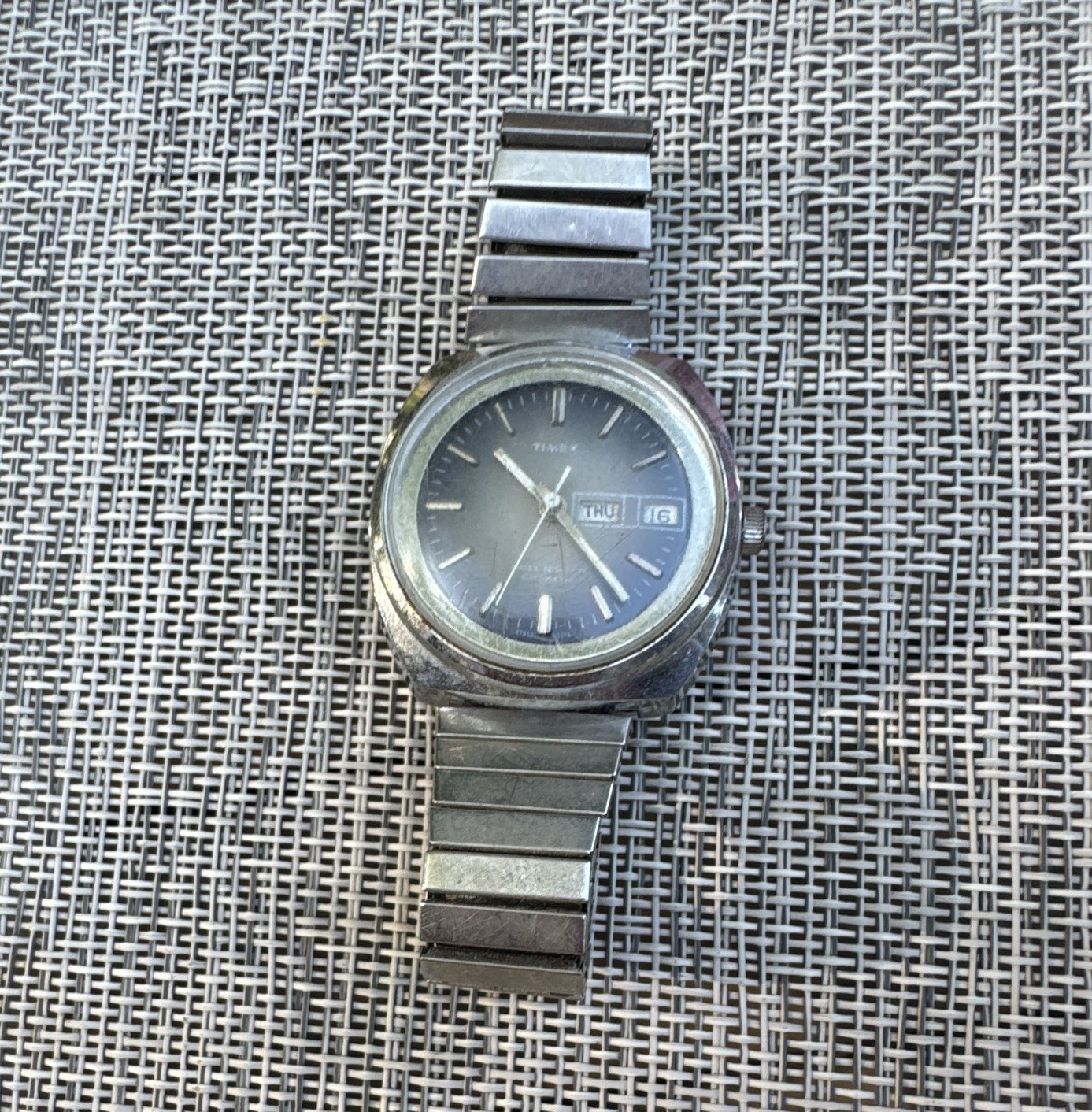 Timex Automatic Men’s Day/Date Blue Sunburst Dial Silver Metal Bracelet Watch