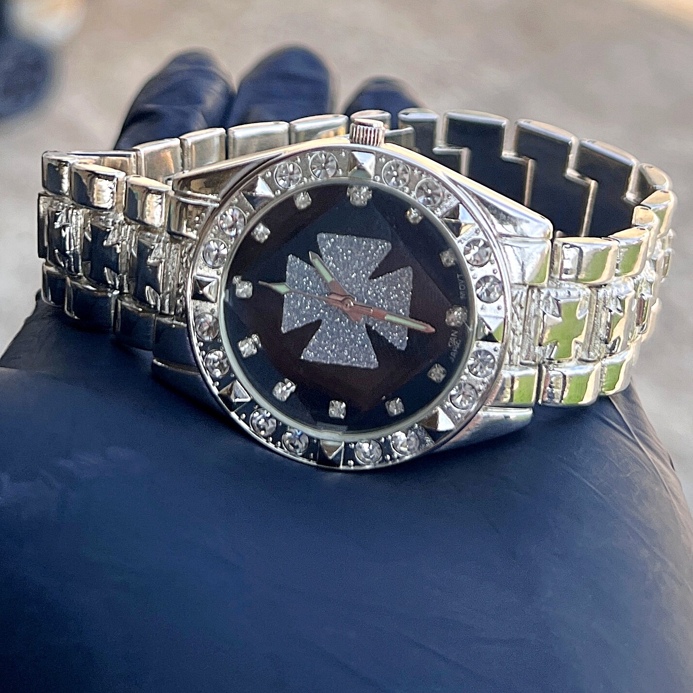 Mens Knights Templar Iron Celtic Maltese Cross Black Watch CZ Silver Tone 8″