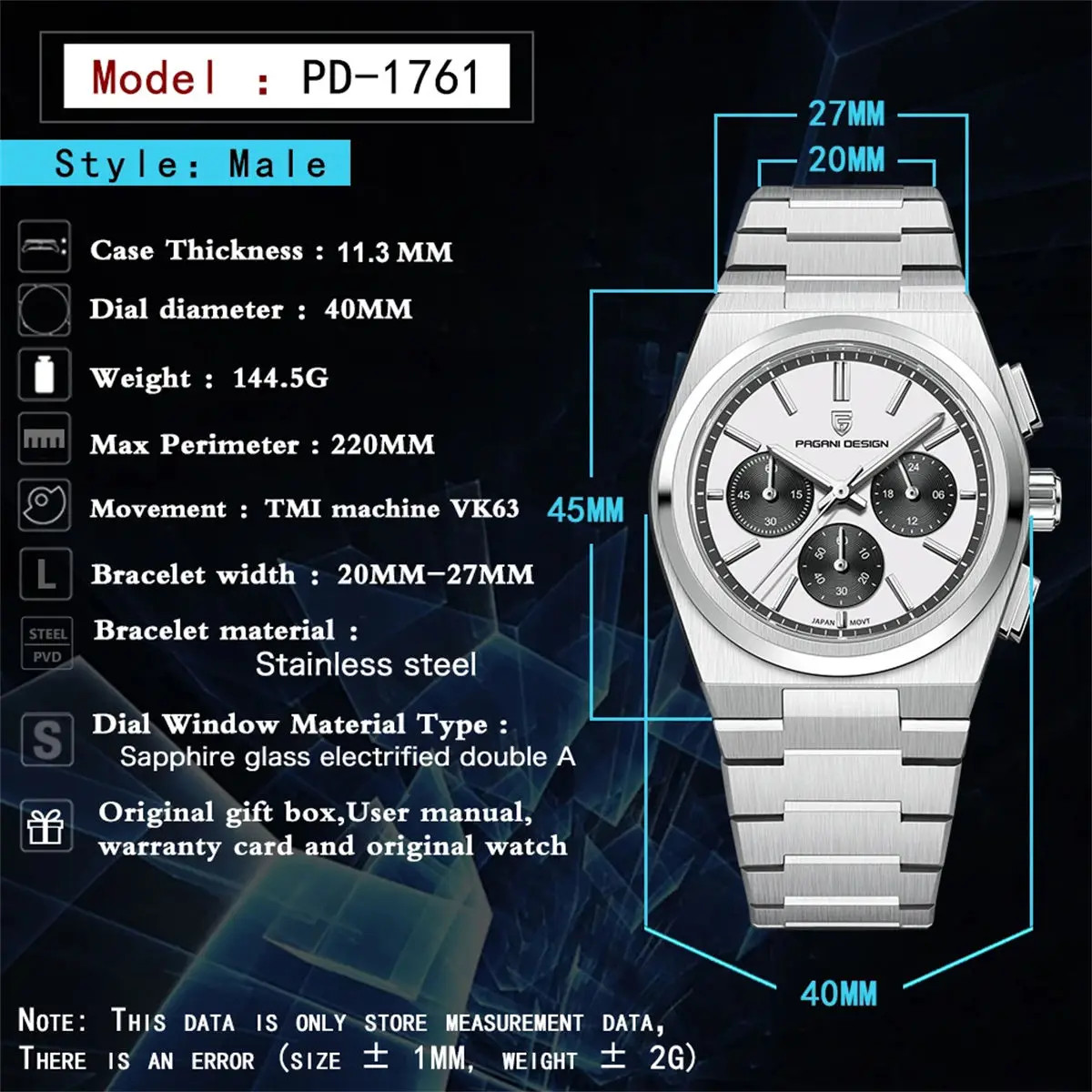 PAGANI DESIGN Silver White Mens Watch Quartz Stainless Steel Luxury Watch