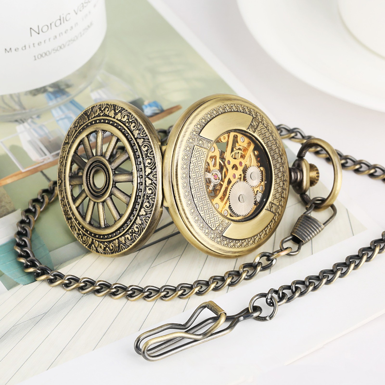1 PC Vintage Mens Hand Winding Mechanical Movement Skeleton Pocket Watch