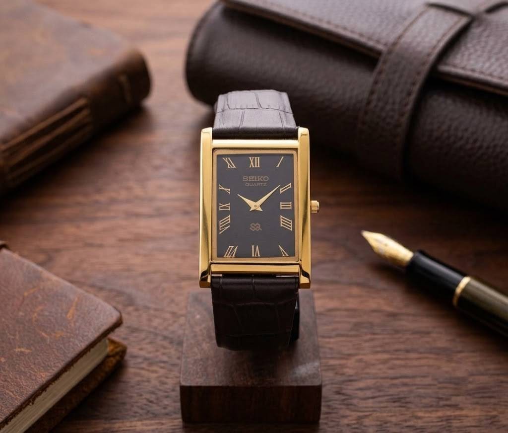 Vintage Seiko Tank Quartz Men’s Black Dial Analog Dress Wrist Watch Working