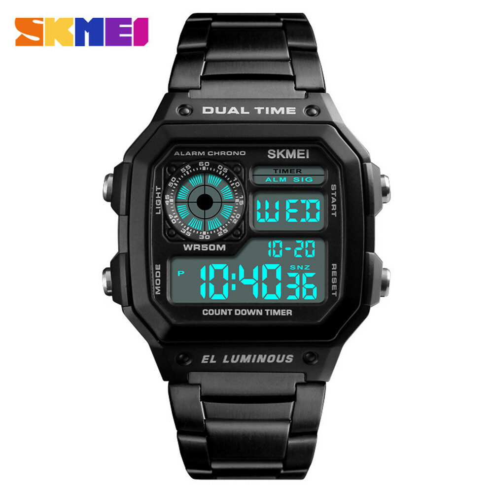 SKMEI Men Square Watch Steel Digital Wristwatch Business Male Alarm LED Watches