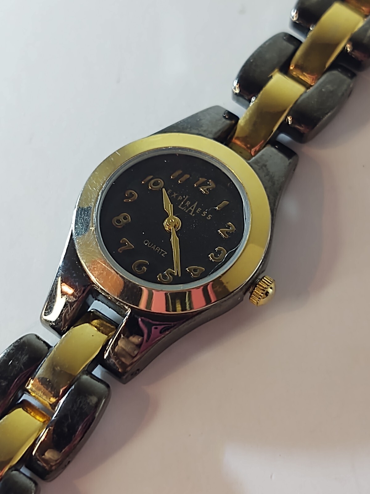 Womens LA Express Watch Black Dial Black & Gold Bezel & Band Show Wear