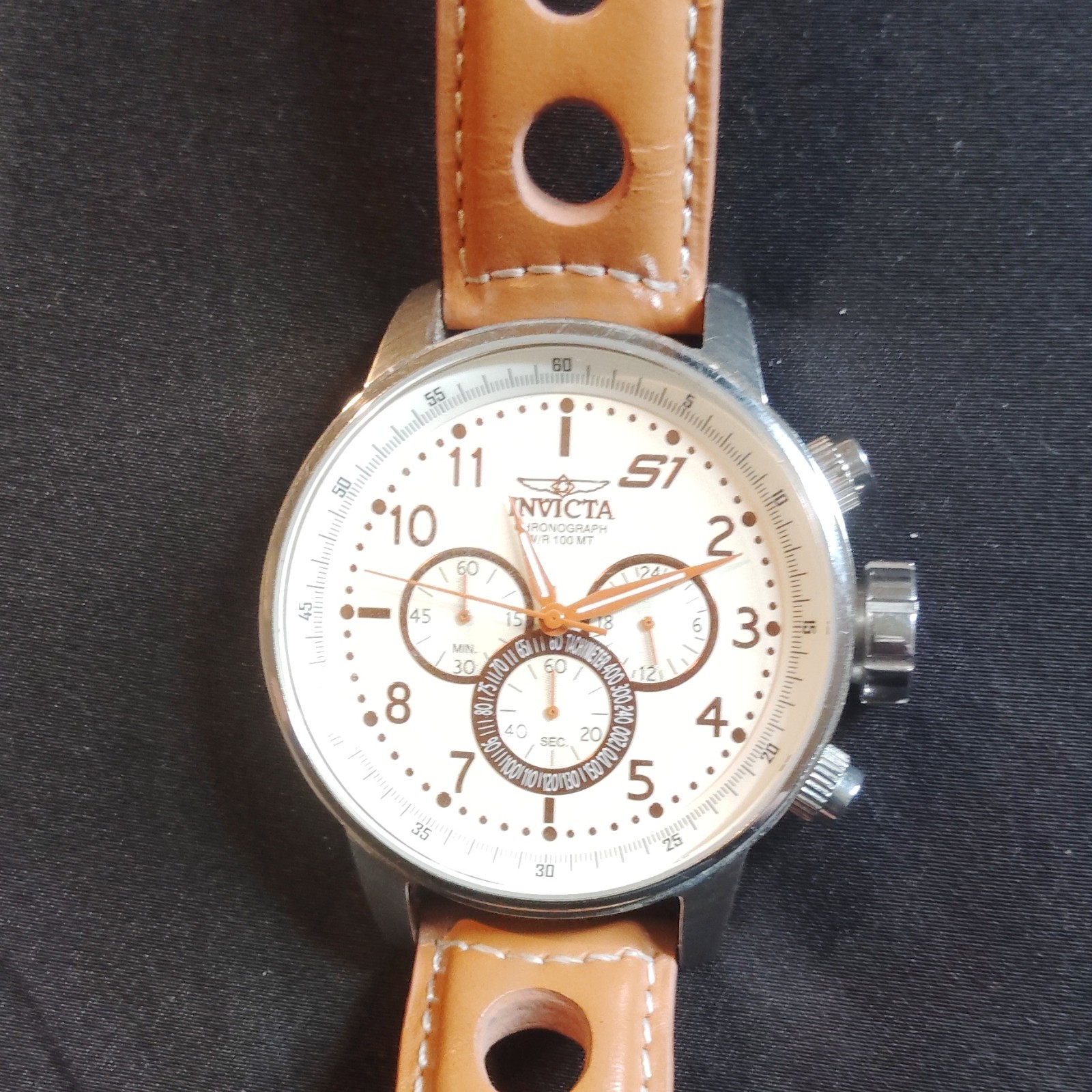 Invicta S1 Men’s Quartz Chronograph Watch White Dial Arabic Brown Leather