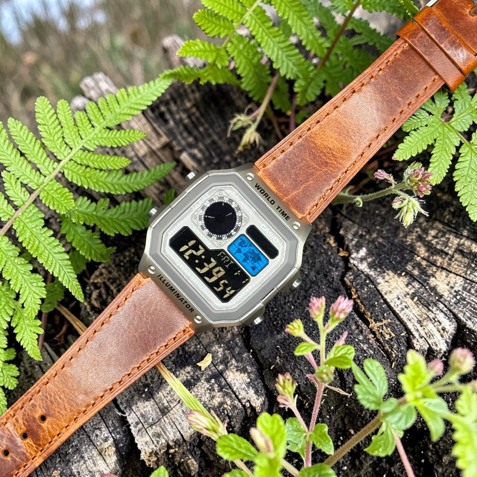 Silver CASIO AE-1200WHD. Royale Watch Mod. Negative Display. Blue World Map
