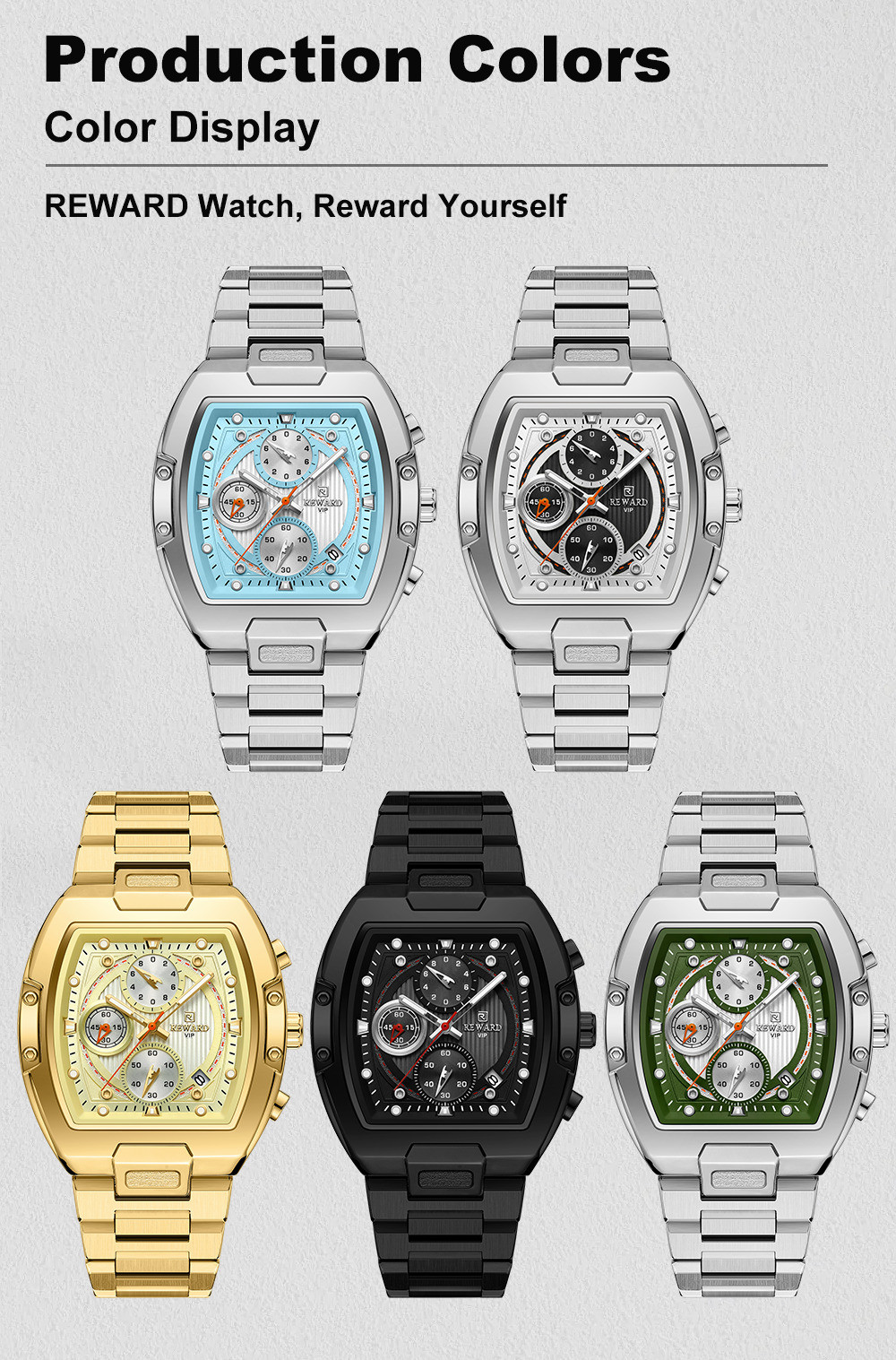 REWARD Men’s Tonneau Multifunction Chronograph Calendar Luminous Quartz Watch