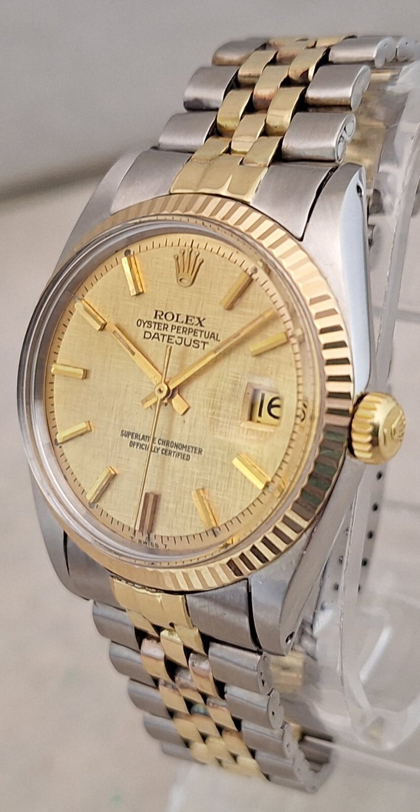 Rolex Oyster Perpetual Datejust 1601 14k/SS Watch Gold Tapestry Dial 1966