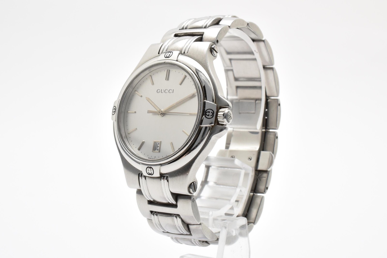 [Exc+5] GUCCI 9040M Quartz Silver Dial Date G-Logo Stainless Watch 16cm JAPAN