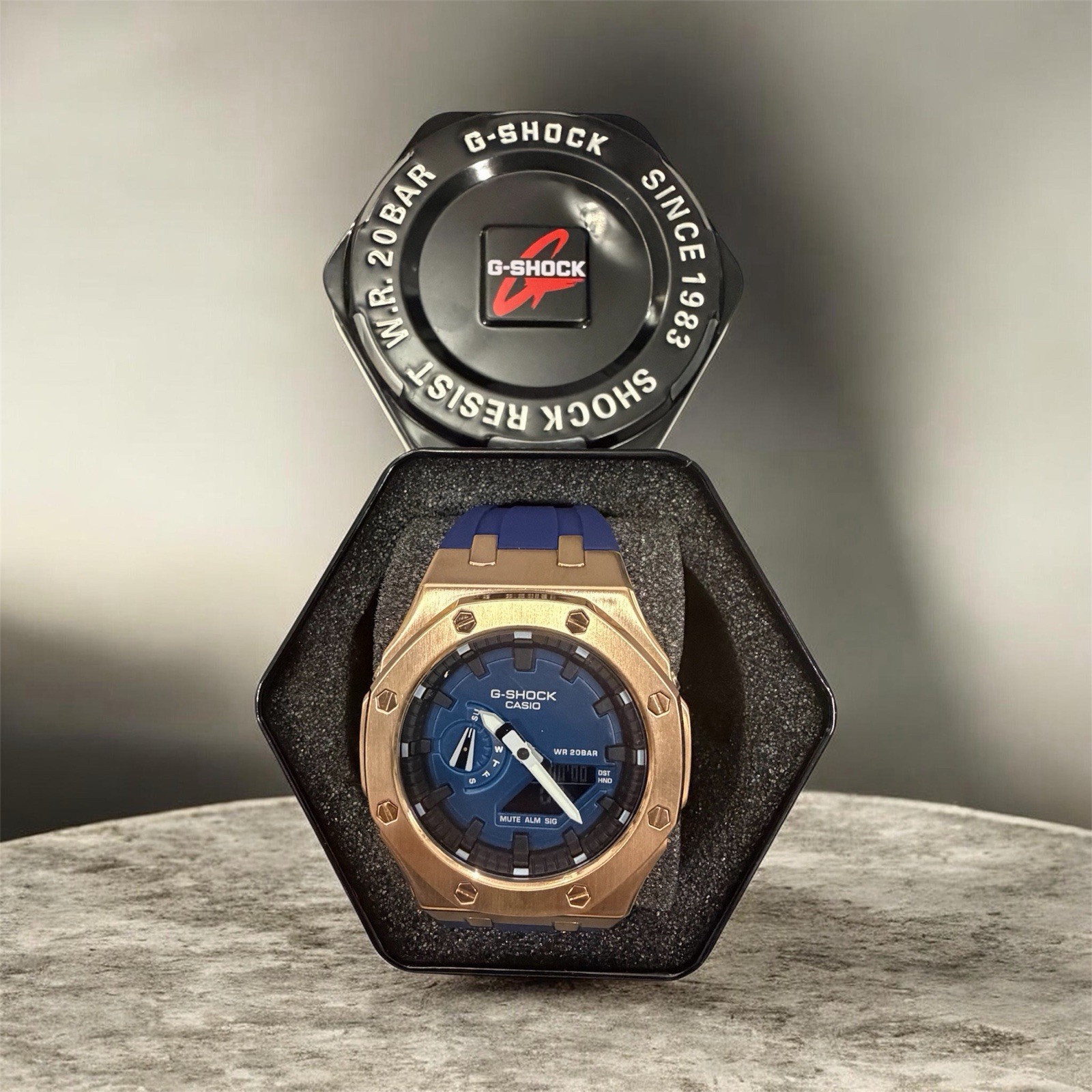 Casioak Custom Mod Rose Gold Blue Dial Royal Oak Style Mod Watch G-Shock GA2100