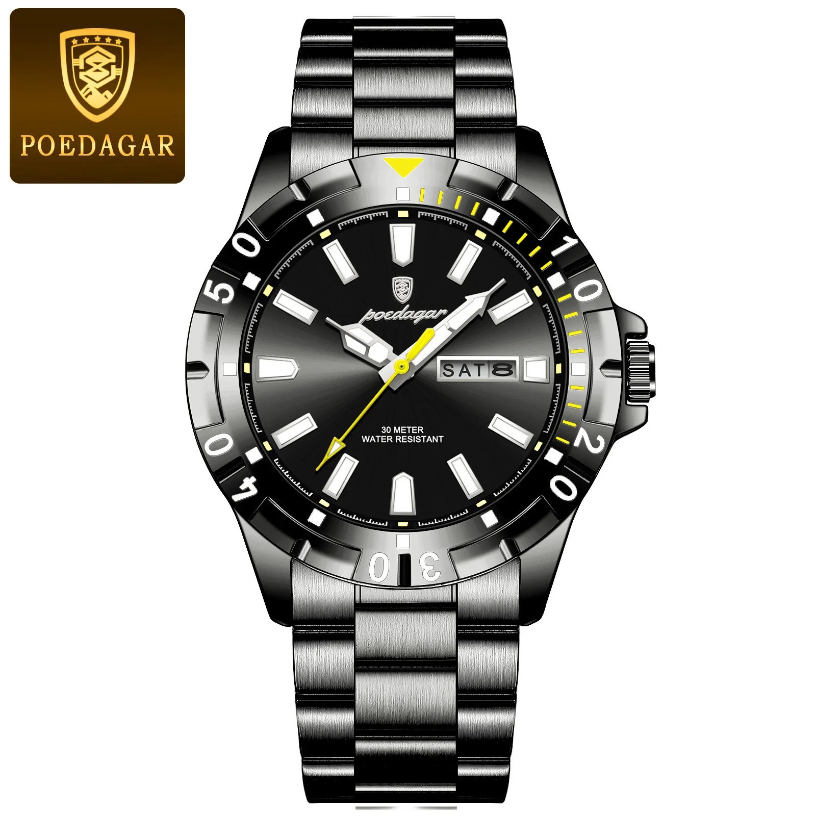 POEDAGAR Men’s Luxury Quartz Watch Stainless Steel Waterproof Luminous Date Week